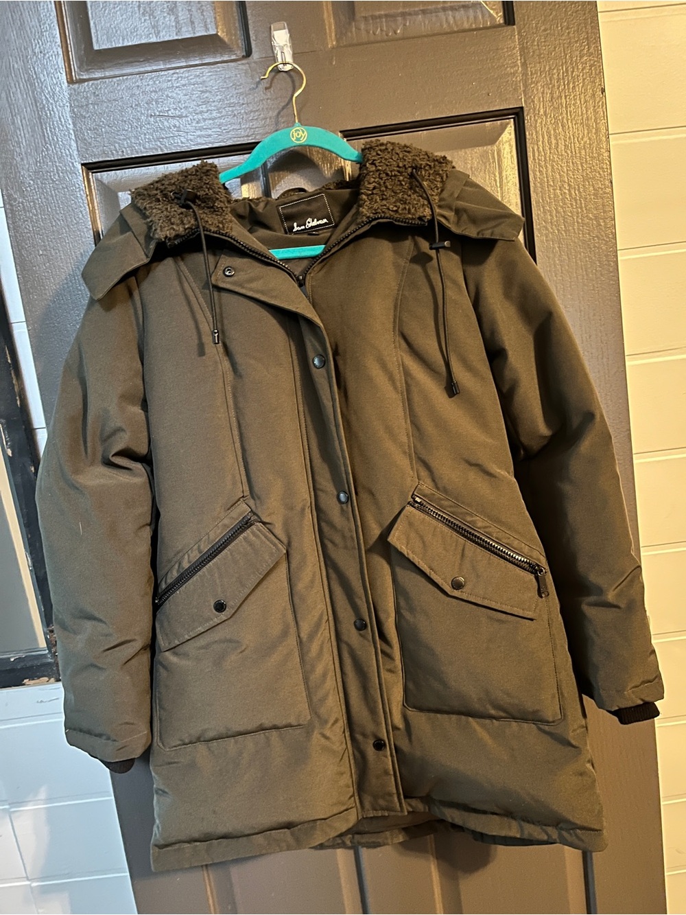 Sam Edelman Olive Green Puffer Parka with Faux Shearling Trim